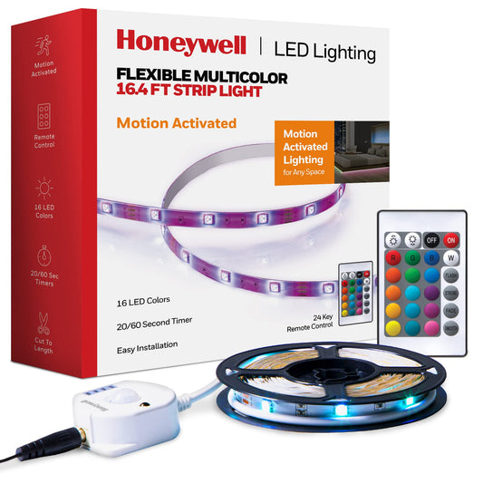 Honeywell 16.4ft Indoor LED Strip Light - Color Changing RGB, Motion Activated with Remote Control - for Bedroom, Kitchen, Dorm, Game Room, Cabinets, Etc - Wall Plug 12 Volt No Battery