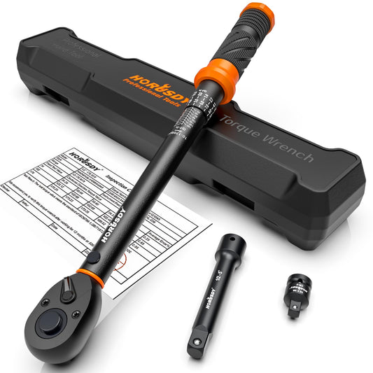 HORUSDY 1/2-Inch Drive Click Torque Wrench Set – 10–170 ft-lb / 13.6–230.5 Nm, ±3% Precision, Dual Scale, 72-Tooth Reversible Head with 5" Extension & Adapter for Car, Tire, and Motorcycle Use