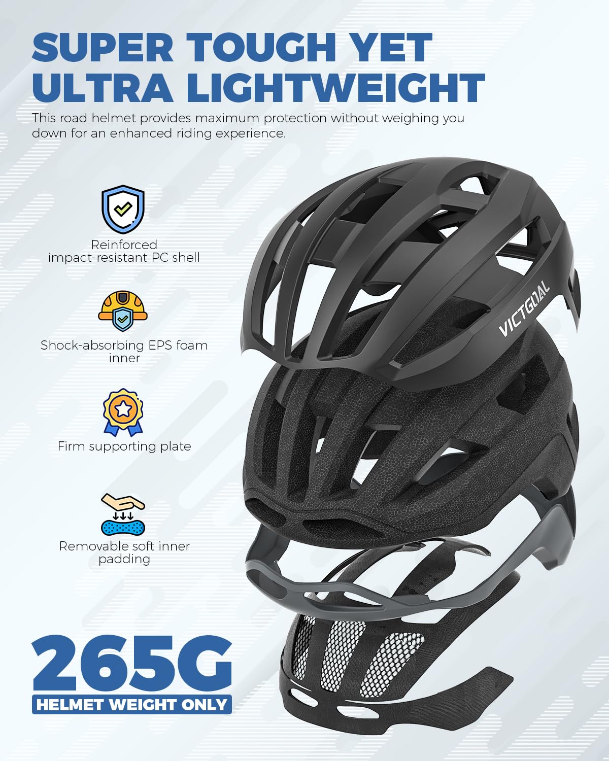 VICTGOAL Road Bike Helmet Adult Men Women with Detachable Magnetic Rear Light, Bicycle Helmet Adjustable Breathable Road Cycling Helmet for Road Mountain Riding (Black, L: 57-61 cm)
