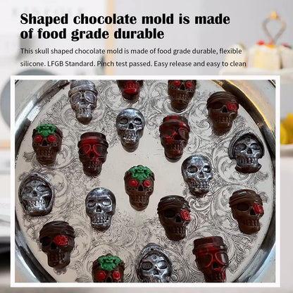 10-Cavity 3D Skull Mold Set,Silicone Ice Cube Mold Maker,for Chilling Whiskey Cocktail Beverages Pudding Chocolate Non-Stick Sugar Mold (3 pcs)