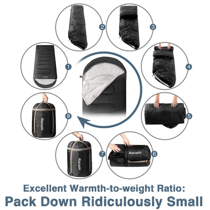 Atarashi Camping Sleeping Bag- 4 Seasons for Adults, Light, Warm, Extra-Large with Compression Sack- Great for Hiking, Backpacking & Outdoor Adventures