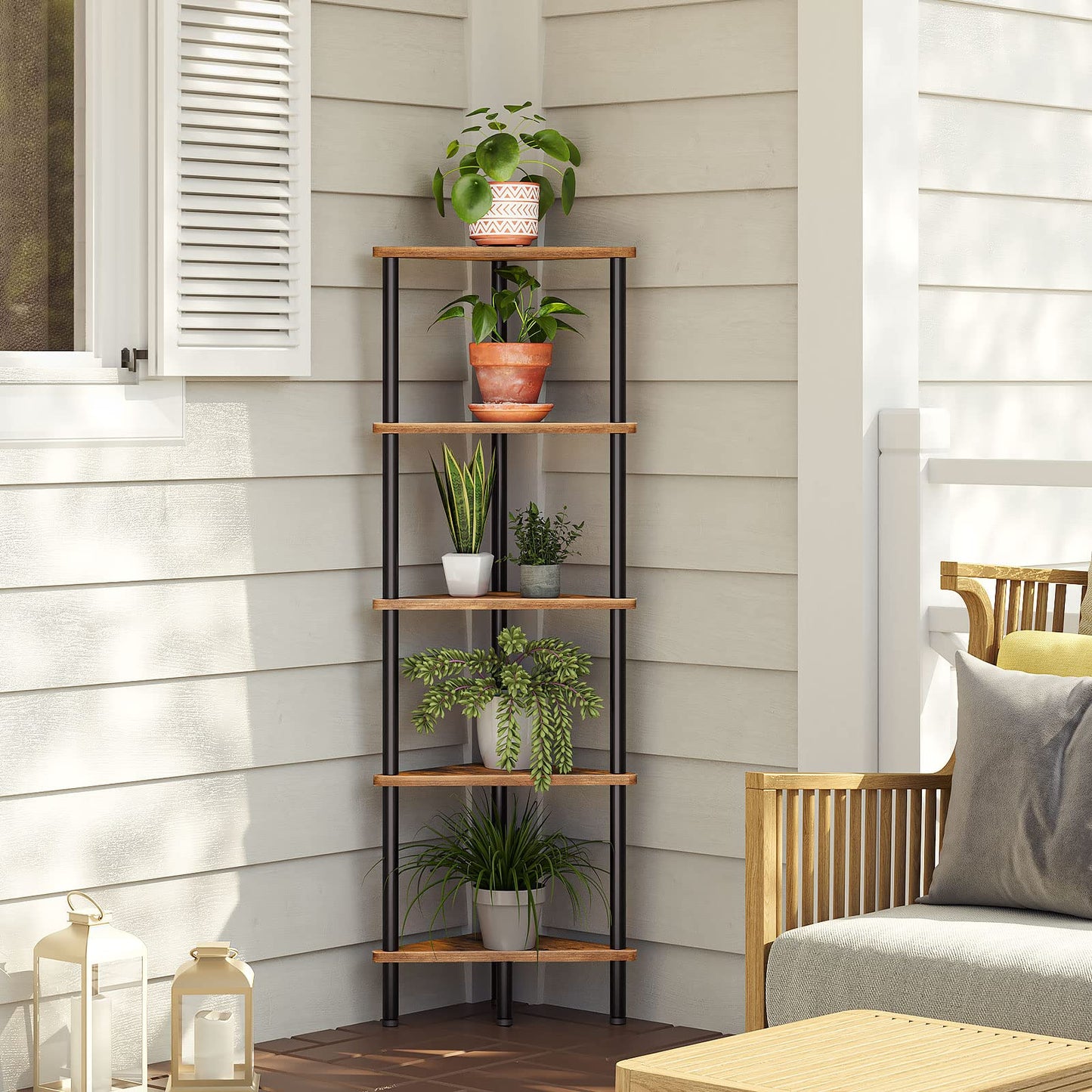 HOOBRO Corner Shelf Stand, Industrial 5-Tier Corner Bookshelf with Metal Frame, Plant Display Shelf, Small Bookcase for Small Spaces, Bedroom, Living Room, Rustic Brown BF33CJ01