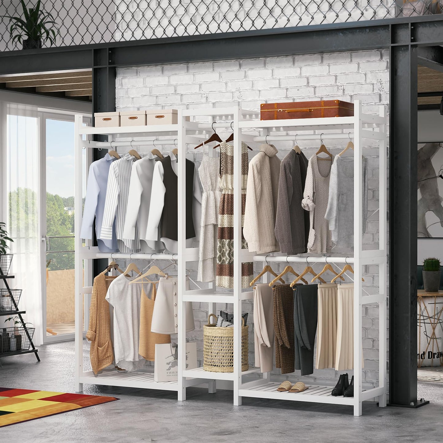 Homykic Bamboo Closet System Clothes Rack, Large Freestanding Garment Rack Clothing Rack for Hanging Clothes with 7 Storage Shelves and 5 Rods, Open Wardrobe Organizer with 4 Hooks, White