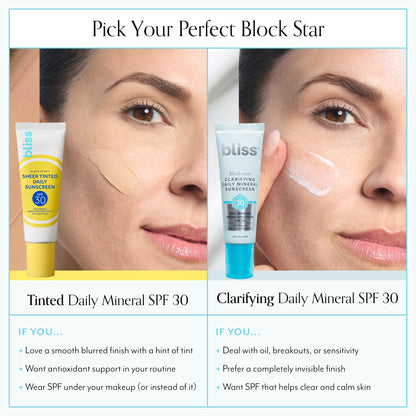 Bliss Block Star Clarifying Daily Mineral Sunscreen Broad Spectrum SPF 30, Blendable Pore Safe Formula for Blemish Prone Skin with Salicylic Acid and Witch Hazel, 1.4 Fl Oz