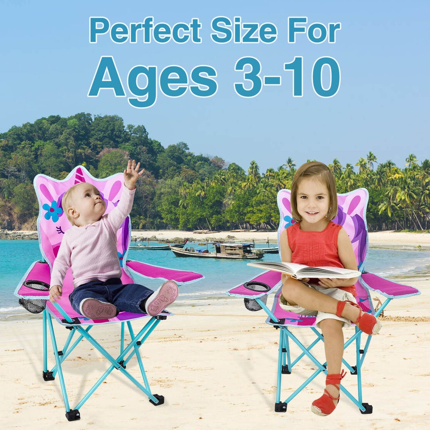 KABOER Kids Outdoor Folding Lawn and Camping Chair with Cup Holder and Carrying Bag, Children's Camping Chairs for Outdoor Beach Travel (Pink Unicorn)