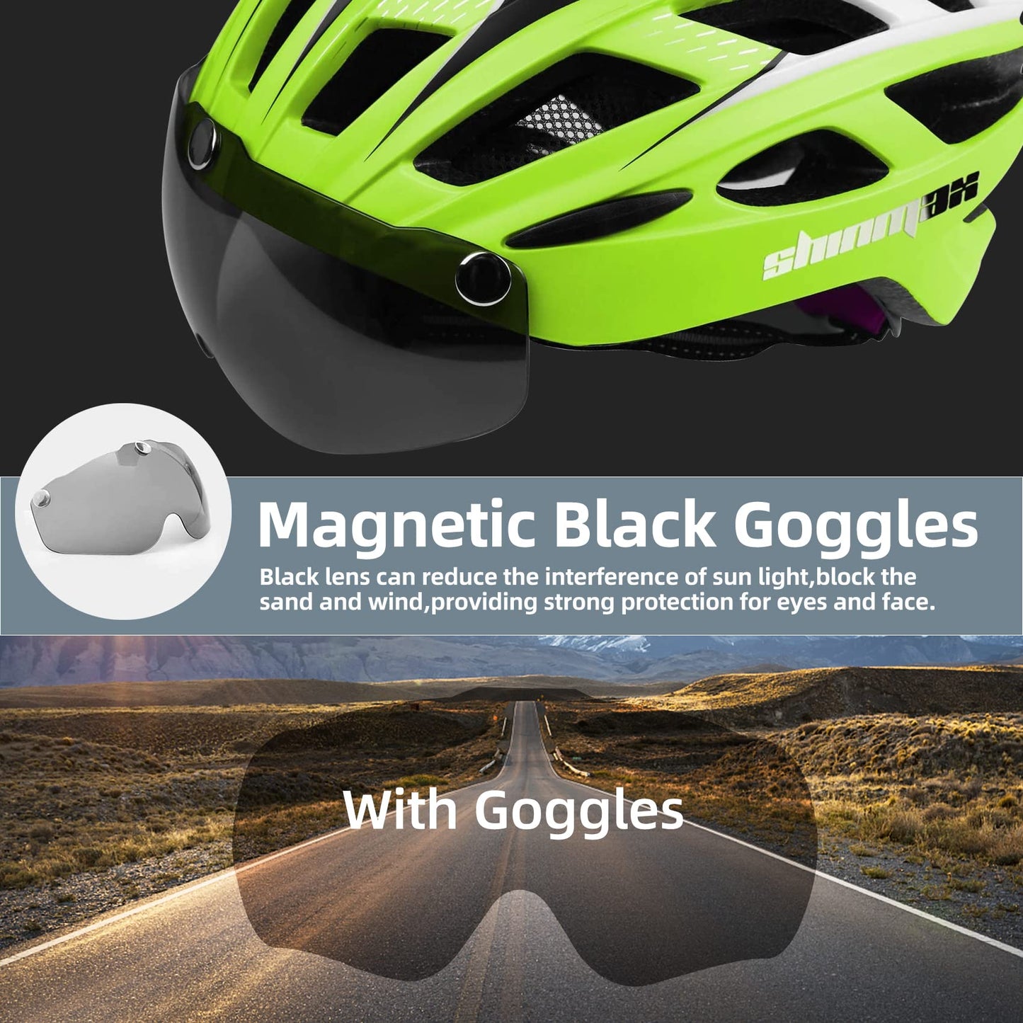 Shinmax Bike Helmet, CPSC/CPC Certificated Bicycle Helmet with Detachable Magnetic Goggles&Led Back Light&Portable Backpack Cycling Helmet Adjustable Mountain Bike Helmet for Adult Men Women SM-T69