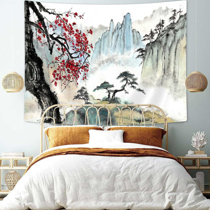 Bcsewcg Cherry Blossom Mountain Tapestry, Asian Nature Landscape Tapestries for Bedroom & Living Room Home Decor