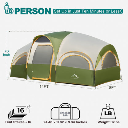 GoHimal 8 Person Tent for Camping, Waterproof Windproof Family Tent with Rainfly, Divided Curtain Design for Privacy Space, Portable with Carry Bag