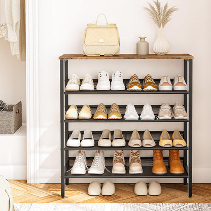 HOOBRO Shoe Rack, 5-Tier Shoe Storage Unit Flat & Slant Adjustable Shoe Organizer Shelf for 16 Pairs, Durable and Stable, for Entryway, Hallway, Closet, Dorm Room, Industrial, Rustic Brown BF01XJ01