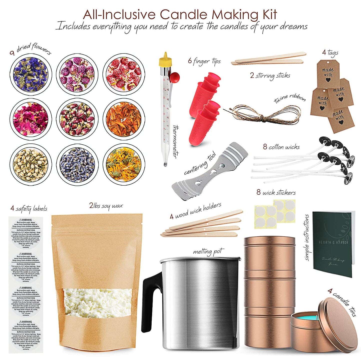 Hearth & Harbor Organic Soy Candle Making Kit for Adults, DIY Crafts, Complete Candle Making Supplies Include Natural Soy Wax, Tins, Dried Flowers, Wicks & More – Gift Idea, Perfect Home Decor – 2 Lbs
