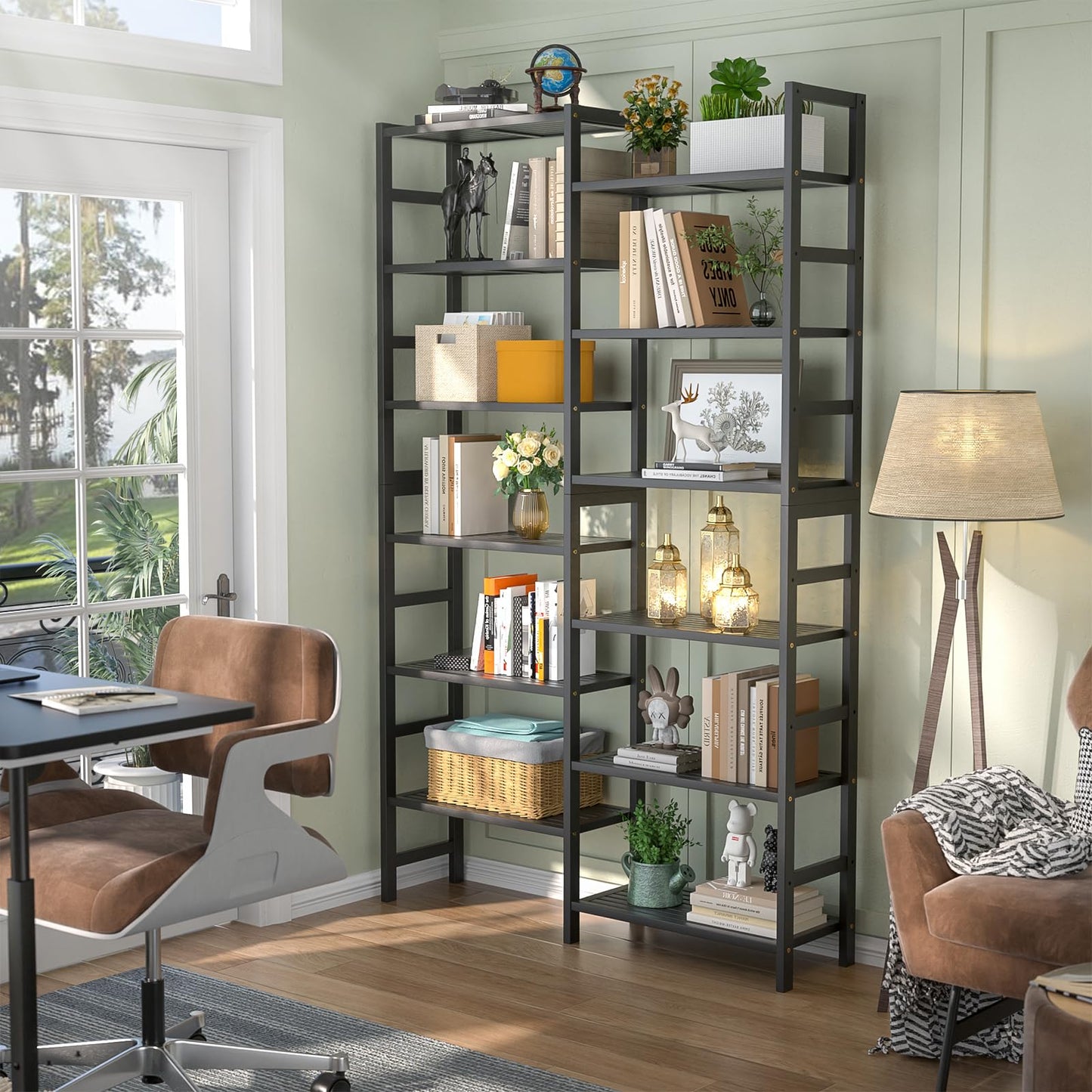 Homykic Double Wide Bamboo Bookshelf Black, 6-Tier Large Open Bookcase with 12 Display Shelves, 6ft Tall Freestanding Book Shelf for Home Office, Bedroom, Living Room, Plants