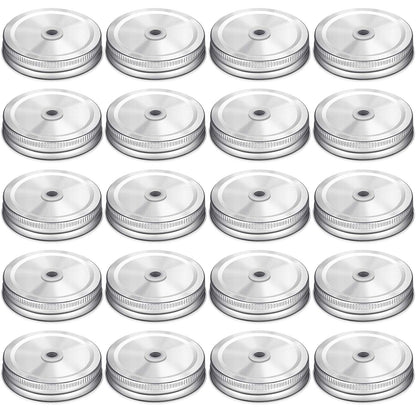 Honoson 20 Pcs Regular Mouth Mason Jar Straw Lids 2.7 Inch Metal Stainless Steel Mason Jar Drinking Lids with Straw Hole Leak Proof for Baby Shower DIY Gift(Silver)
