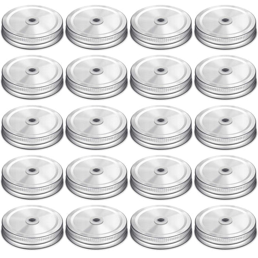 Honoson 20 Pcs Regular Mouth Mason Jar Straw Lids 2.7 Inch Metal Stainless Steel Mason Jar Drinking Lids with Straw Hole Leak Proof for Baby Shower DIY Gift(Silver)