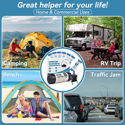 Poesie Absorbent Gel Toilet Bags Set, 8 Gallon Compostable Portable Toilet Bags with Camping Gel, Camping Toilet Bags and Gel Set for RV, Hiking, Emergency 20 Gels and 20 Bags