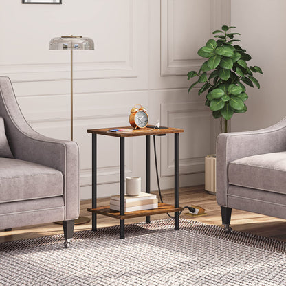 HOOBRO Side Table with Charging Station, End Table with USB Port and Outlet, Nightstand with 2-Layer Storage Shelves for Small Spaces, Living Room, Bedroom, Stable Frame, Rustic Brown BF09UBZ01