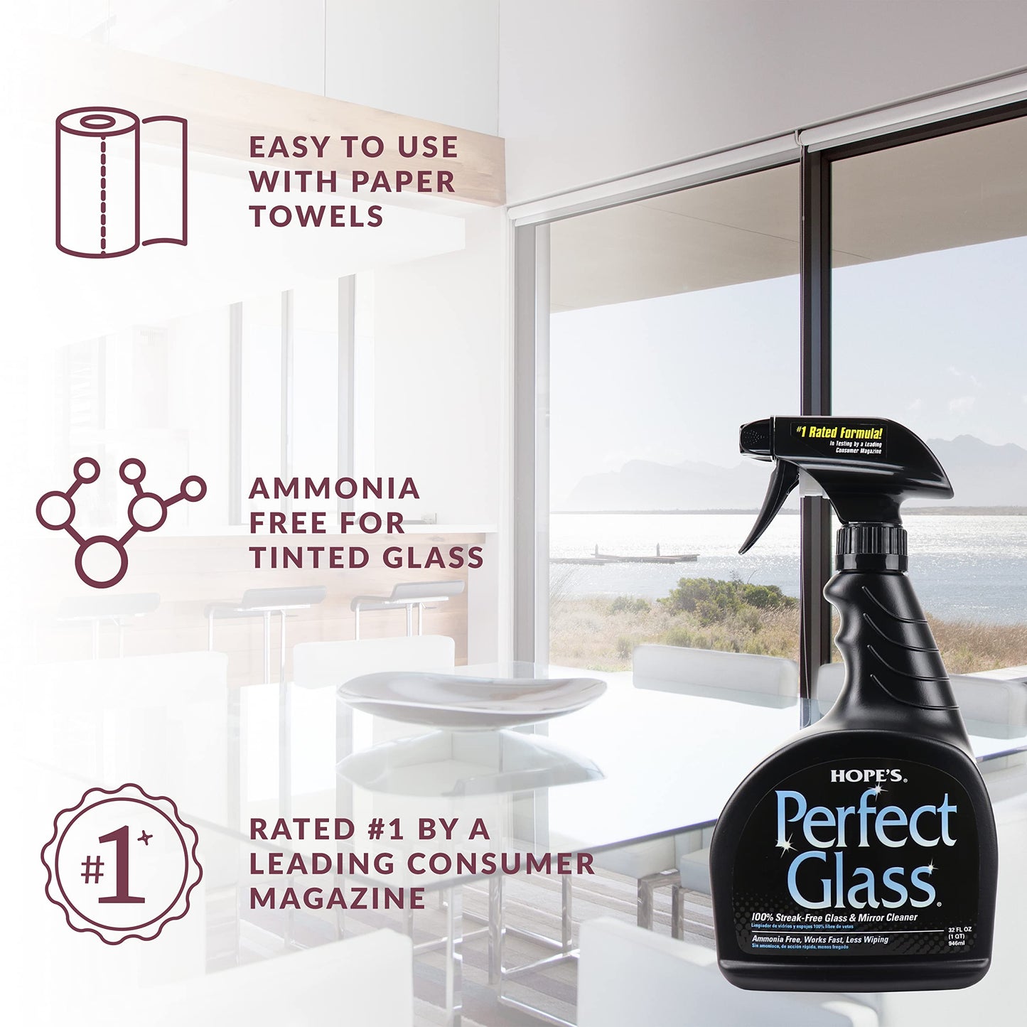 HOPE'S Perfect Glass Cleaner, Streak-Free, Ammonia-Free Window, Mirror, Screen, and Shower Door Cleaner, Indoor and Outdoor Glass Surfaces, 32 Fl Oz Spray Bottle and 67.6 Fl Oz Refill, Pack of 1