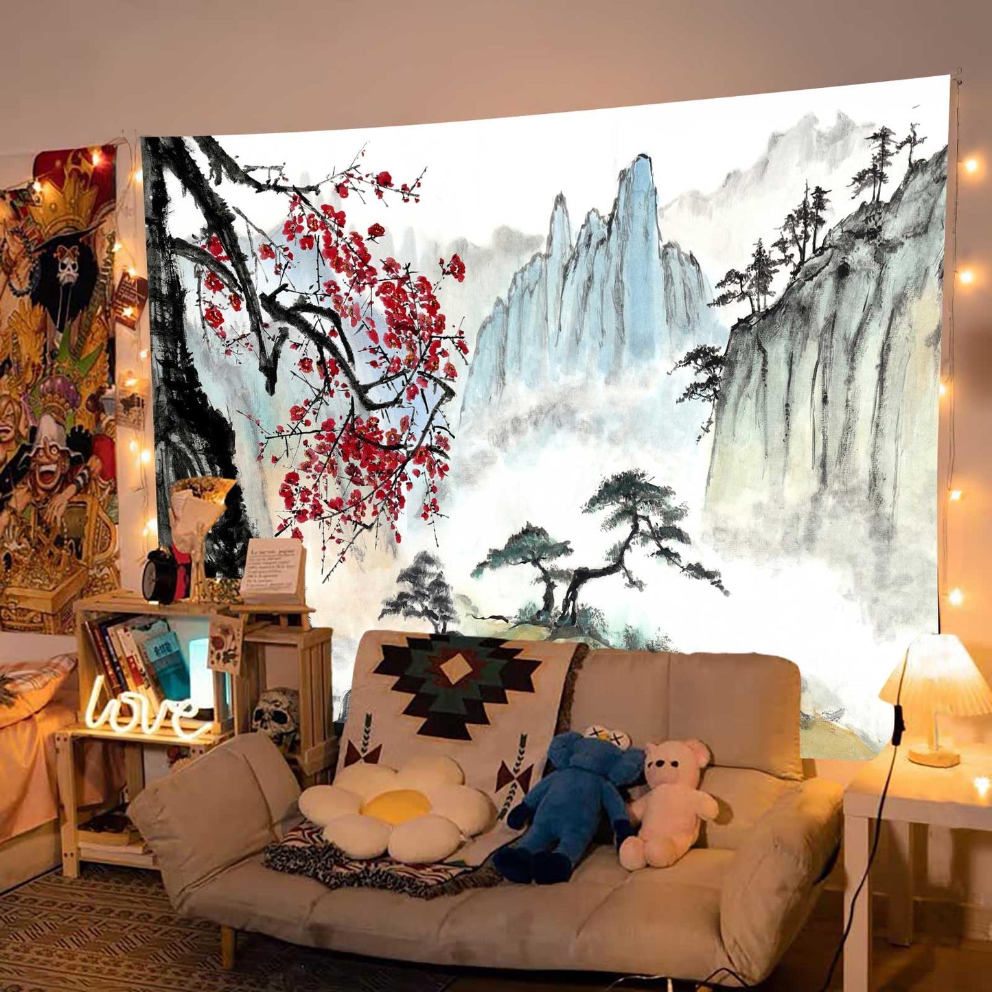 Bcsewcg Cherry Blossom Mountain Tapestry, Asian Nature Landscape Tapestries for Bedroom & Living Room Home Decor