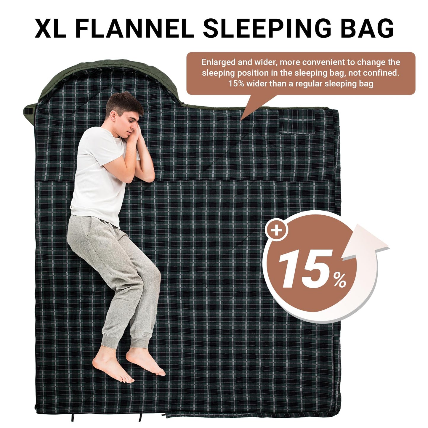 KingCamp Sleeping Bag for Adults, Cold Weather & Warm XL Big and Tall Flannel Sleeping Bags with Compression Sack Portable Waterproof Essentials Gear Accessories for Outdoor Camping (Beangreen/Brown)