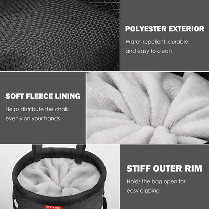 MoKo Chalk Bag, Drawstring Rock Climbing Bag Bouldering Chalk Pot Bucket with Adjustable Belt & Zippered Pockets and Carabiner for Rock Climbing Weight Lifting Gymnastics Crossfit - Black