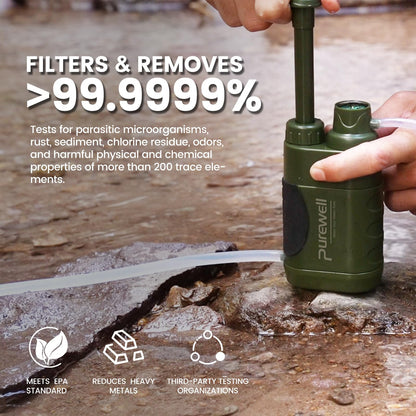 Purewell Water Hand Purifier Pump with Replaceable Carbon 0.01 Micron Water Filter, 4 Filter Stages, Portable Outdoor Emergency and Survival Gear - Camping, Hiking, Backpacking