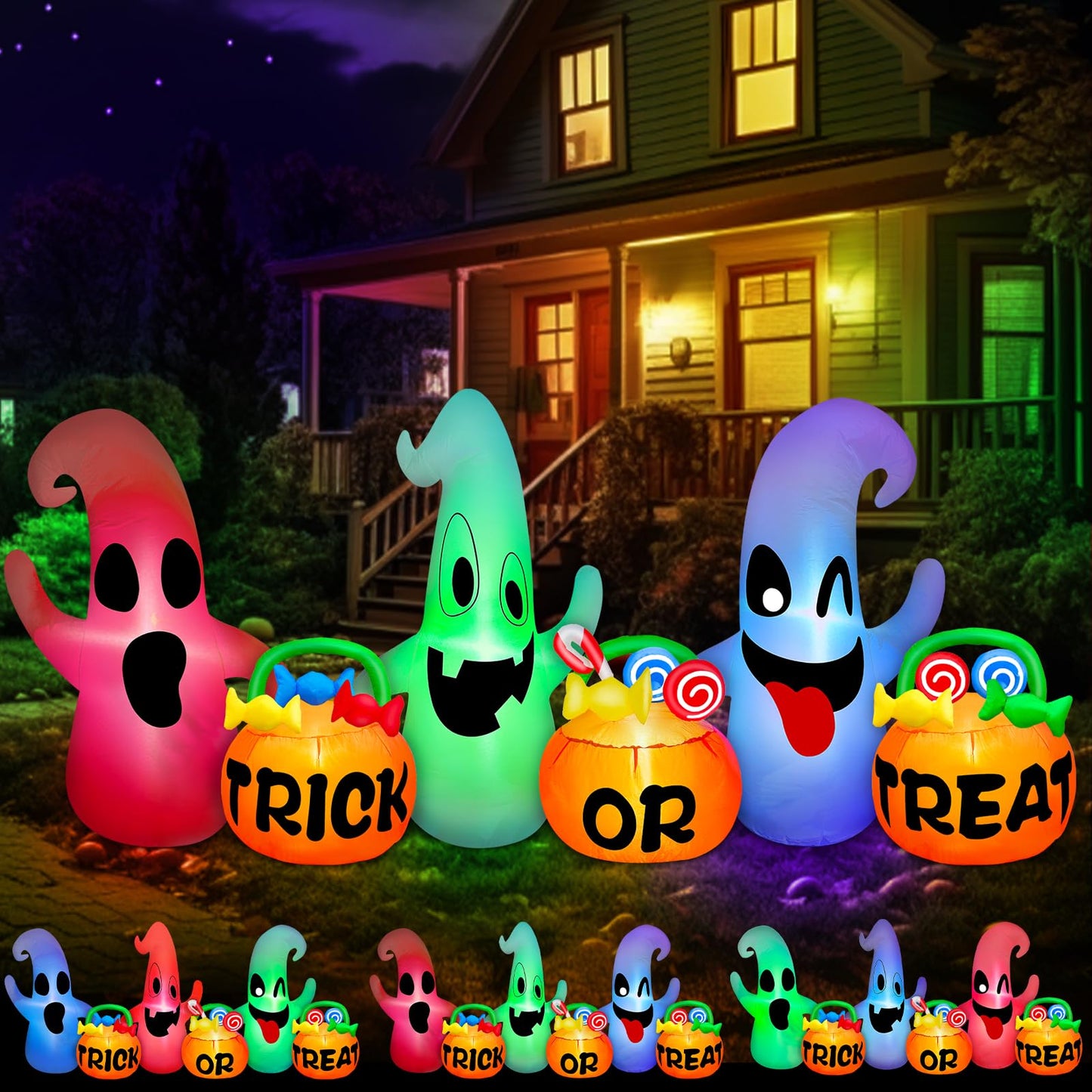 [ 3 Colors Changing Light ] TURNMEON 8 Ft Long Halloween Inflatables Three Ghosts with Pumpkin Candy Bags Halloween Decorations Outdoor Build-in LED Light Blow Up Halloween Decor Yard Party Garden