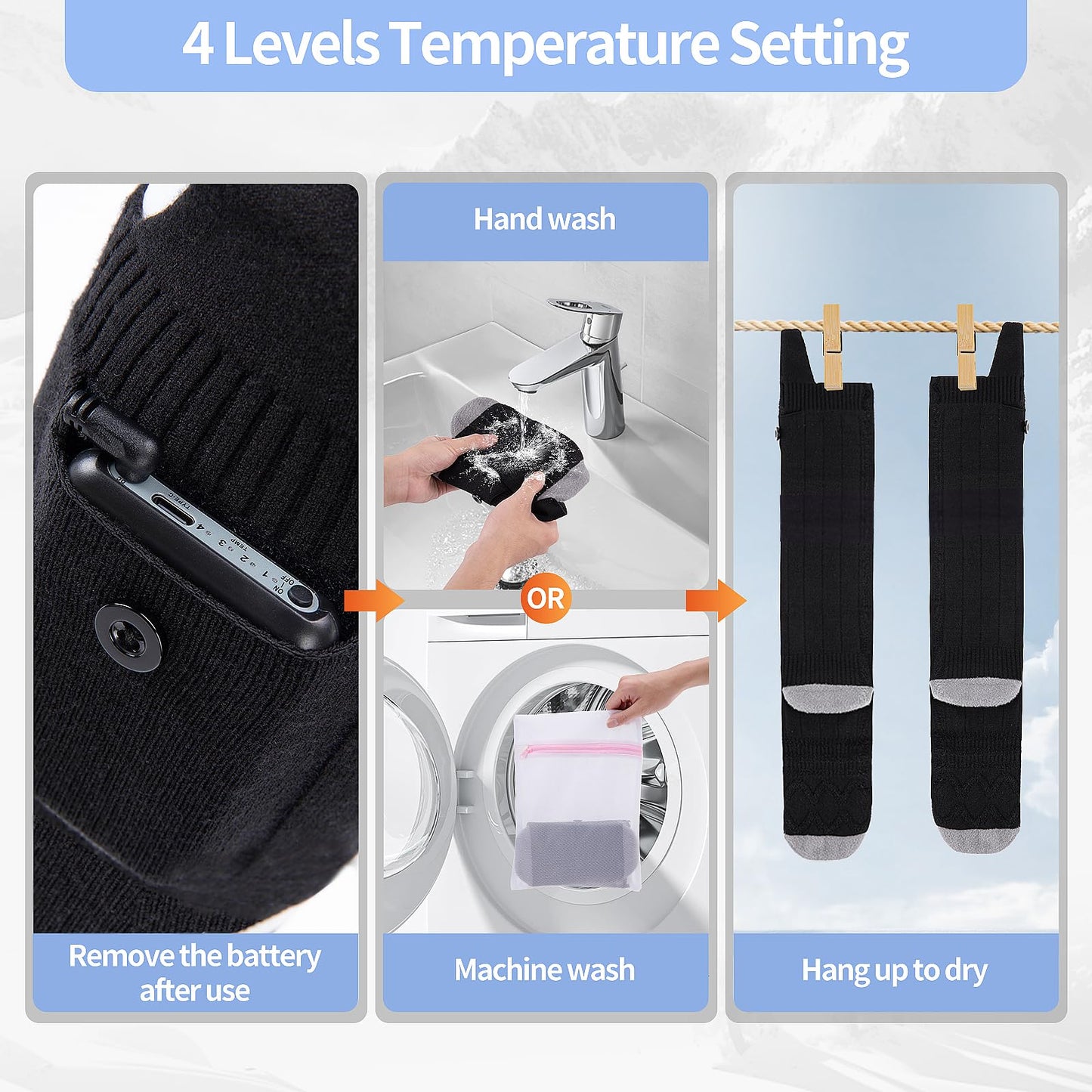 ZUOYI Heated Socks, Heated Socks for Men Women Rechargeable Washable, 5000mAh Battery with 4 Heating Levels for Hunting, Camping, Walking, Fishing (Black & Gray, Unisex-Adult)