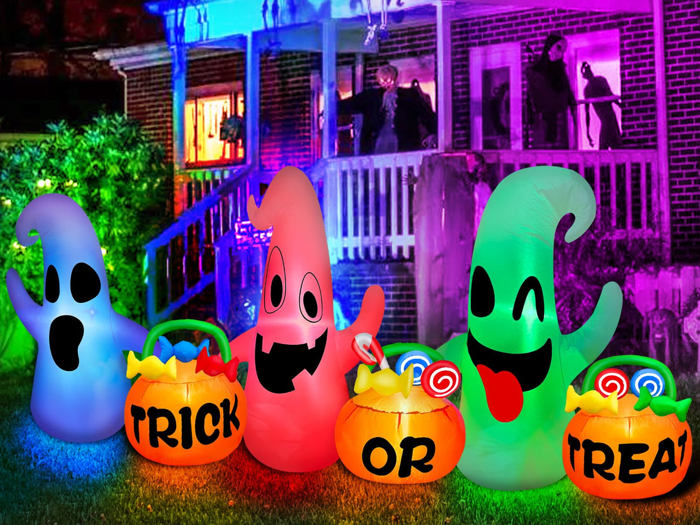 [ 3 Colors Changing Light ] TURNMEON 8 Ft Long Halloween Inflatables Three Ghosts with Pumpkin Candy Bags Halloween Decorations Outdoor Build-in LED Light Blow Up Halloween Decor Yard Party Garden