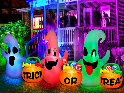 [ 3 Colors Changing Light ] TURNMEON 8 Ft Long Halloween Inflatables Three Ghosts with Pumpkin Candy Bags Halloween Decorations Outdoor Build-in LED Light Blow Up Halloween Decor Yard Party Garden