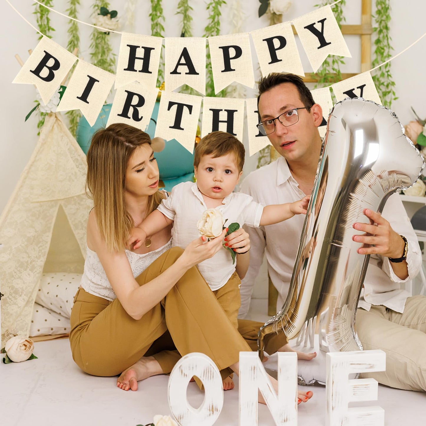 Hooqict Burlap Happy Birthday Banner Sign for Backdrop Black Birthday Decorations for Men Women Kids 1st 2nd 3rd Party Banner Wall Door Garland Bunting Flag