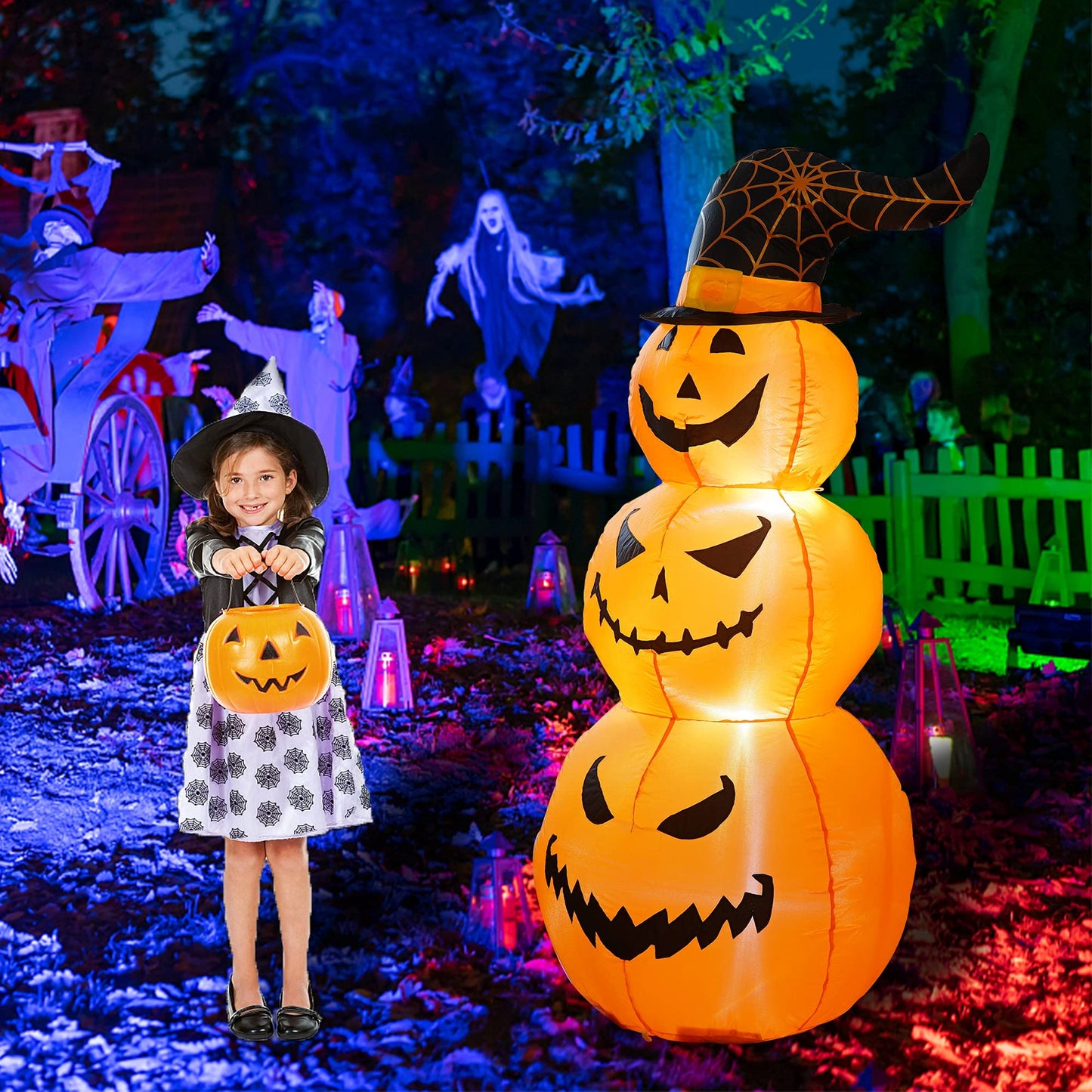 Hourleey 5 FT Halloween Inflatables Outdoor Stacked Pumpkins with Witches Hat, Halloween Blow Up Yard Decorations with Built-in LED Lights for Indoor Outdoor Party Garden Lawn Holiday Decor
