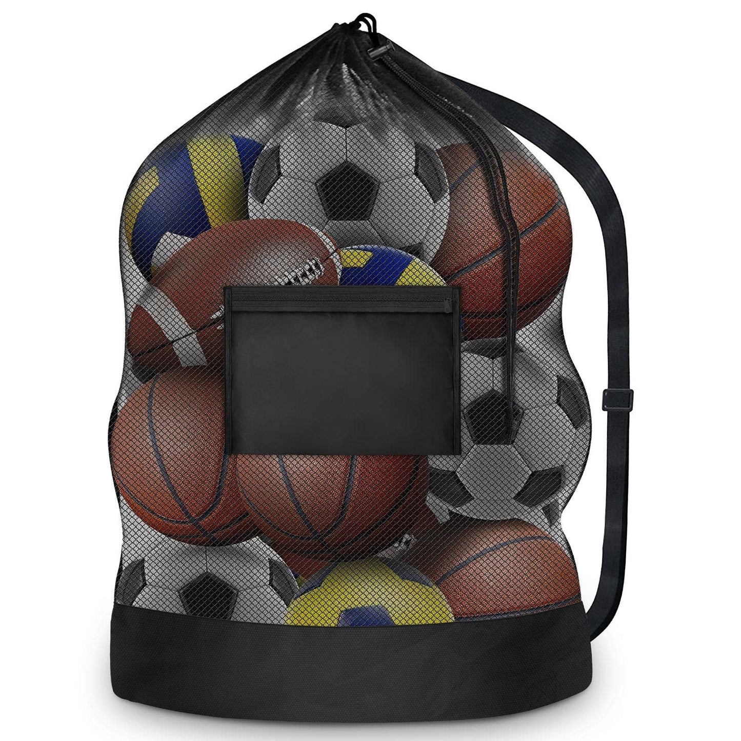 Extra Large Sports Ball Bag, Mesh Soccer Team Balls Bag, Drawstring Sport Equipment Storage Bag for Basketball, Beach Cloth and Swimming Gears with Adjustable Shoulder Strap & Front Pocket(30” x 40”)