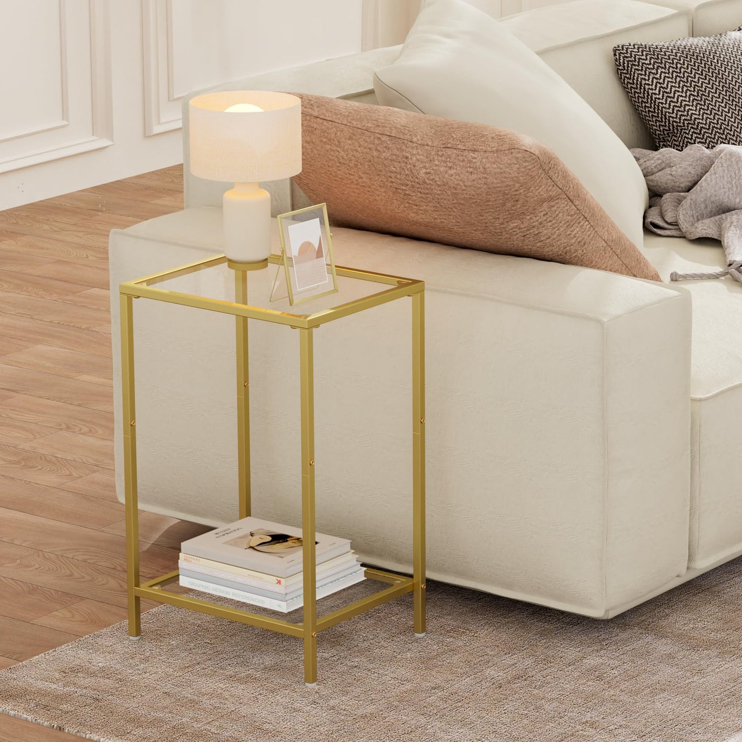 HOMSHO Side Tables Set of 2, End Tables with Tempered Glass, 2-Tier Nightstands with Storage Shelves, Coffee Table with Modern Style, Slim Sofa Table for Living Room, Bedroom, 11.8" D x 15" W, Golden