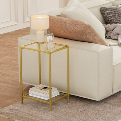 HOMSHO Side Tables Set of 2, End Tables with Tempered Glass, 2-Tier Nightstands with Storage Shelves, Coffee Table with Modern Style, Slim Sofa Table for Living Room, Bedroom, 11.8" D x 15" W, Golden