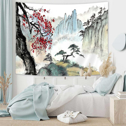 Bcsewcg Cherry Blossom Mountain Tapestry, Asian Nature Landscape Tapestries for Bedroom & Living Room Home Decor