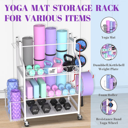 Mythinglogic Yoga Mat Storage Racks,Home Gym Storage Rack for Dumbbells Kettlebells Foam Roller, Yoga Strap and Resistance Bands, Workout Equipment Storage Organizer With Hooks and Wheels