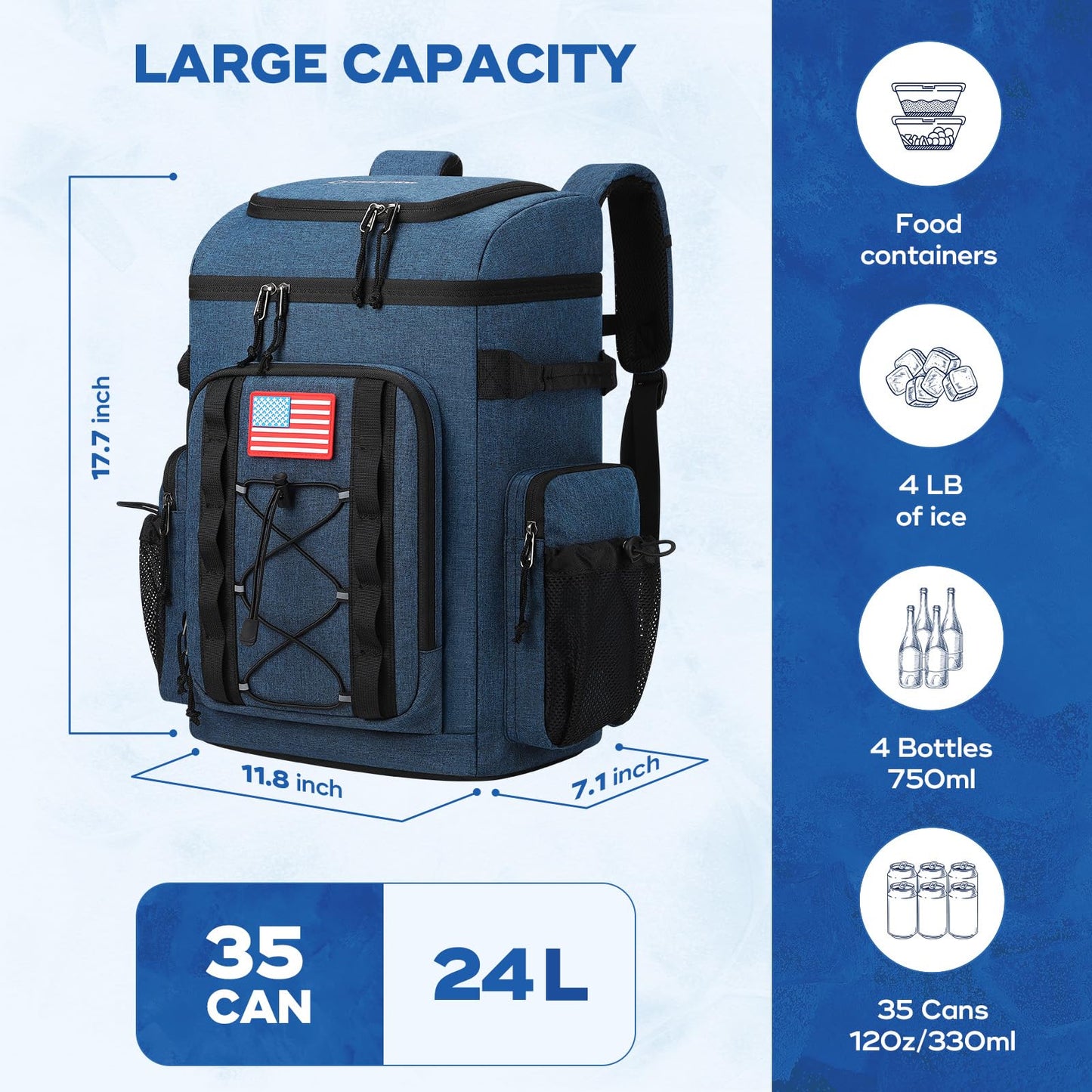 Maelstrom Backpack Cooler,Soft Lightweight Leakproof Cooler Backpack,35 Can Insulated Cooler Bag,Keeps 35 Cans Hot/Cold for Up to 16 Hours,Waterproof Lunch Backpack for Men Women-Blue