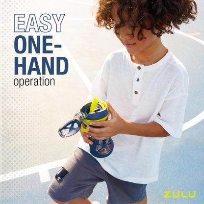 ZULU Torque 16oz Plastic Kids Water Bottle with Silicone Sleeve and Leak-Proof Locking Flip Lid, Soft Touch Carry Loop for School Backpack, Lunchbox, BPA-Free Dishwasher Safe, Mojo Blue