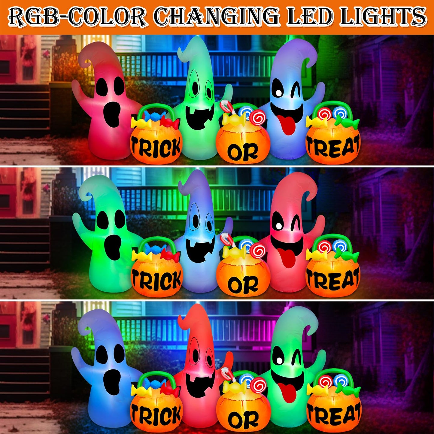 [ 3 Colors Changing Light ] TURNMEON 8 Ft Long Halloween Inflatables Three Ghosts with Pumpkin Candy Bags Halloween Decorations Outdoor Build-in LED Light Blow Up Halloween Decor Yard Party Garden