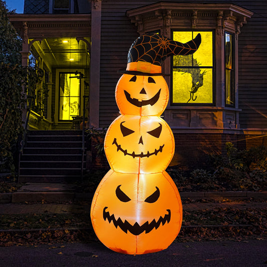 Hourleey 5 FT Halloween Inflatables Outdoor Stacked Pumpkins with Witches Hat, Halloween Blow Up Yard Decorations with Built-in LED Lights for Indoor Outdoor Party Garden Lawn Holiday Decor