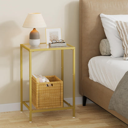HOMSHO Side Tables Set of 2, End Tables with Tempered Glass, 2-Tier Nightstands with Storage Shelves, Coffee Table with Modern Style, Slim Sofa Table for Living Room, Bedroom, 11.8" D x 15" W, Golden