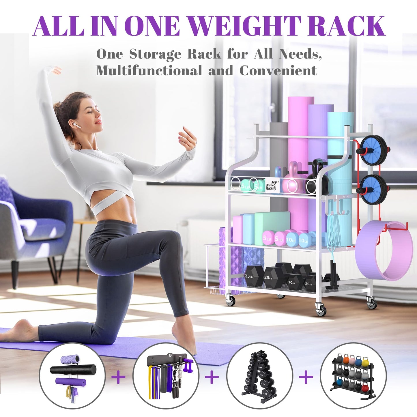 Mythinglogic Yoga Mat Storage Racks,Home Gym Storage Rack for Dumbbells Kettlebells Foam Roller, Yoga Strap and Resistance Bands, Workout Equipment Storage Organizer With Hooks and Wheels