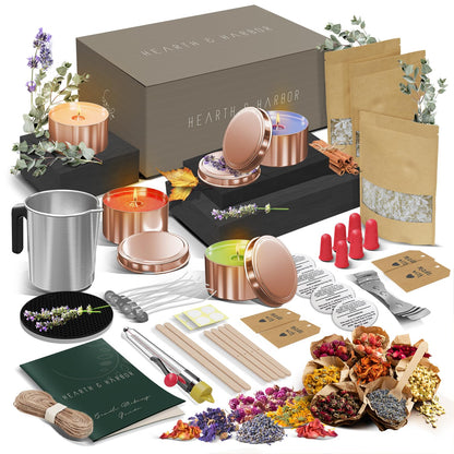 Hearth & Harbor Organic Soy Candle Making Kit for Adults, DIY Crafts, Complete Candle Making Supplies Include Natural Soy Wax, Tins, Dried Flowers, Wicks & More – Gift Idea, Perfect Home Decor – 2 Lbs