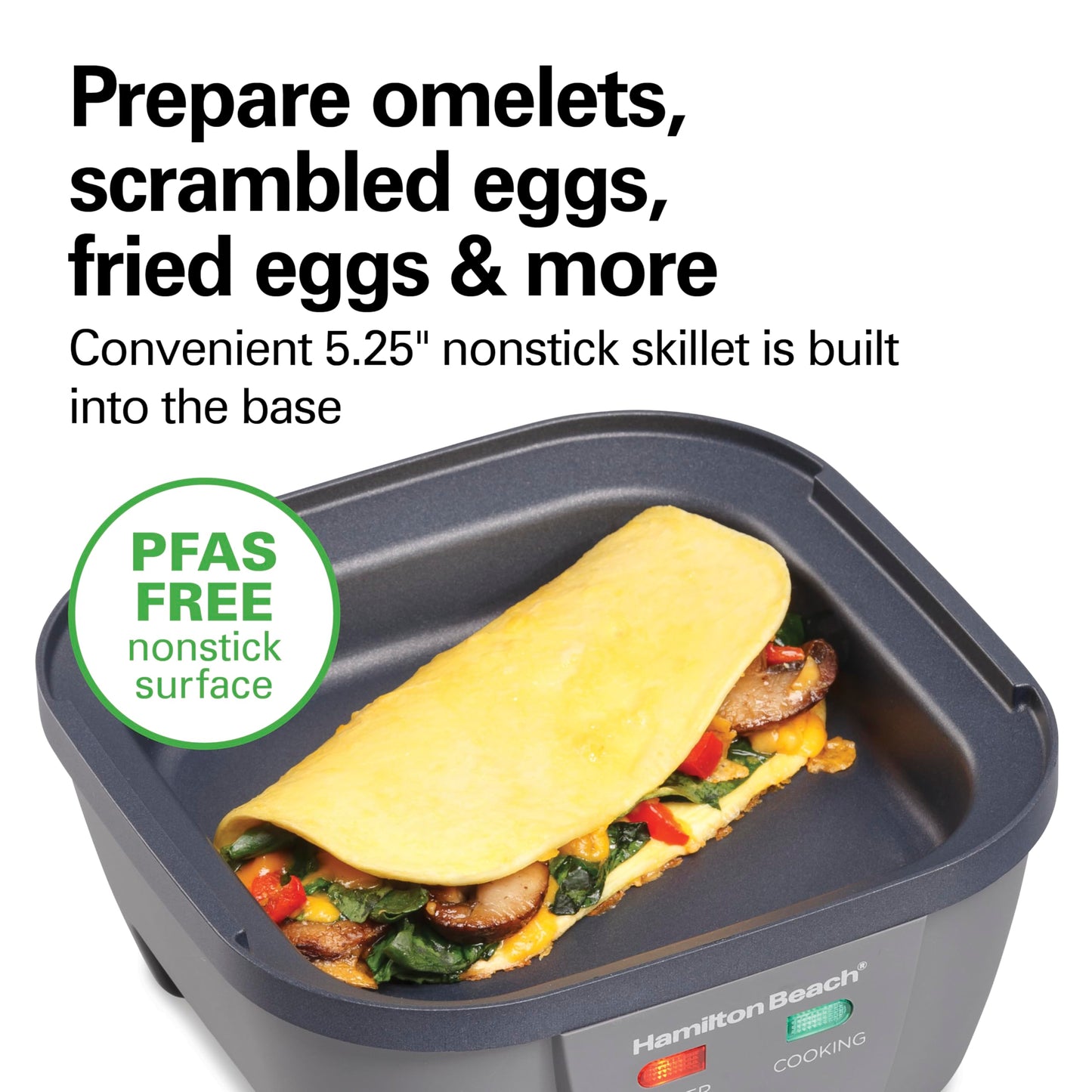 Hamilton Beach 6-in-1 Electric Egg Cooker for Hard Boiled Eggs, Sous Vide Style Egg Bite Maker and Poacher, 5.25” Non-Stick Skillet for Omelets, Scrambling & Frying, Grey (25510)