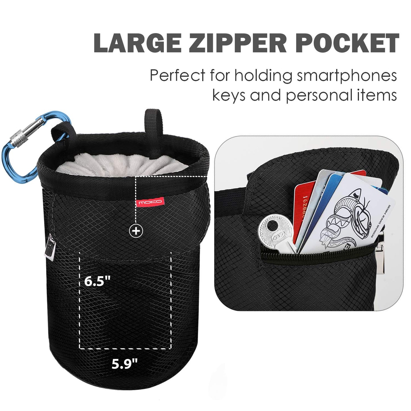 MoKo Chalk Bag, Drawstring Rock Climbing Bag Bouldering Chalk Pot Bucket with Adjustable Belt & Zippered Pockets and Carabiner for Rock Climbing Weight Lifting Gymnastics Crossfit - Black