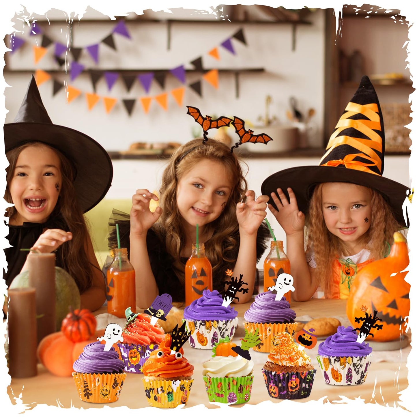 Homyplaza Halloween Cupcake Liners with Toppers Picks, Standard Wrappers Cupcake Disposable Baking Cups Muffin Liners for Halloween Party Decorations Supplies (150 Liners & 150 Toppers)