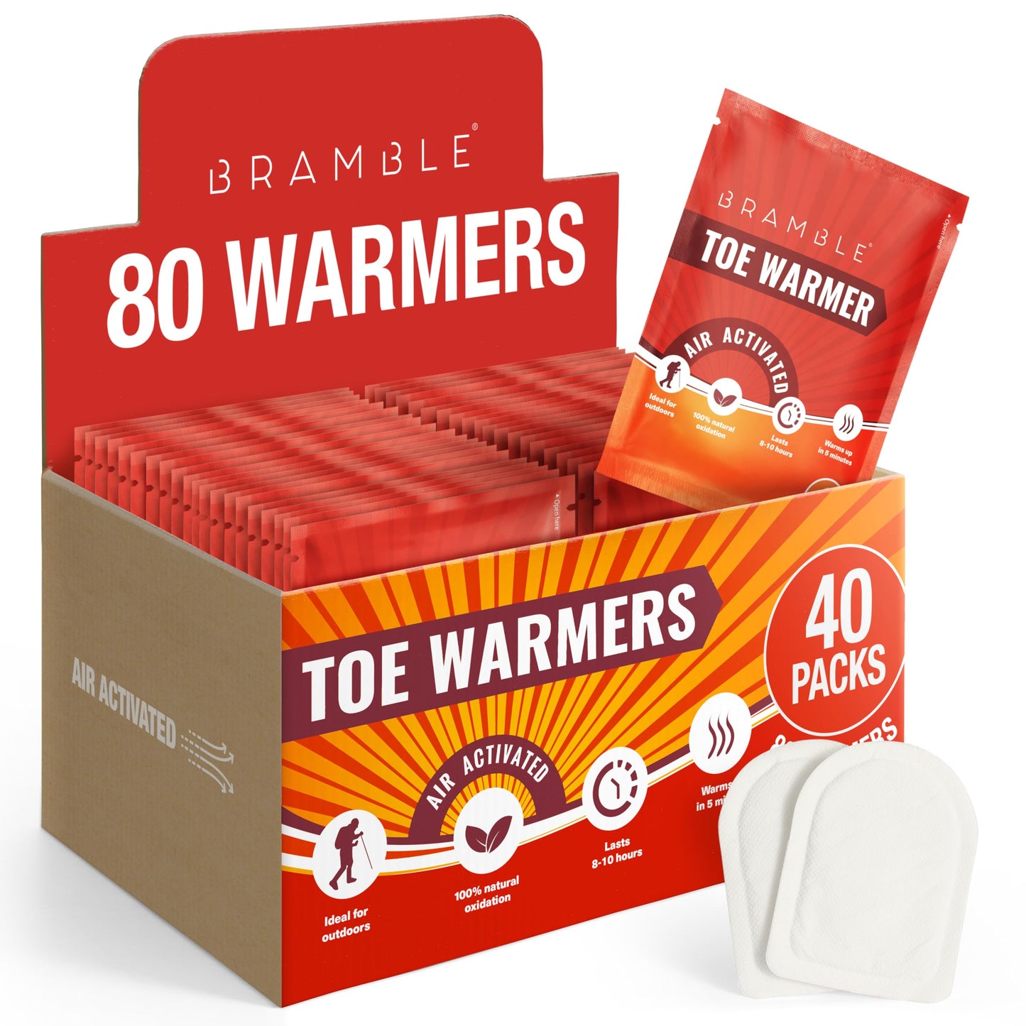 Bramble 80 Adhesive Toe Warmers for Feet (40 Pairs) | Long-Lasting Foot Warmers with Up to 10 Hours of Heat | Heat Pack Disposable Feet Warmers, Foot Warmer for Cold Weather & Outdoor Activities