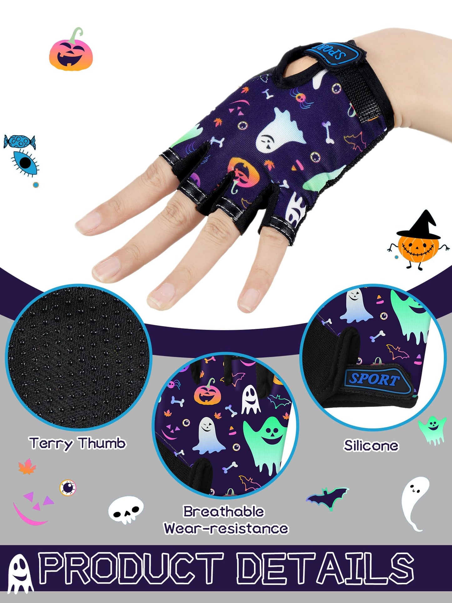 Boao 3 Pairs Kids Bike Gloves Kids Half Finger Fingerless Workout Gloves Non-Slip Gel for Bike Motorcycle(Halloween 1,3-5 Years)