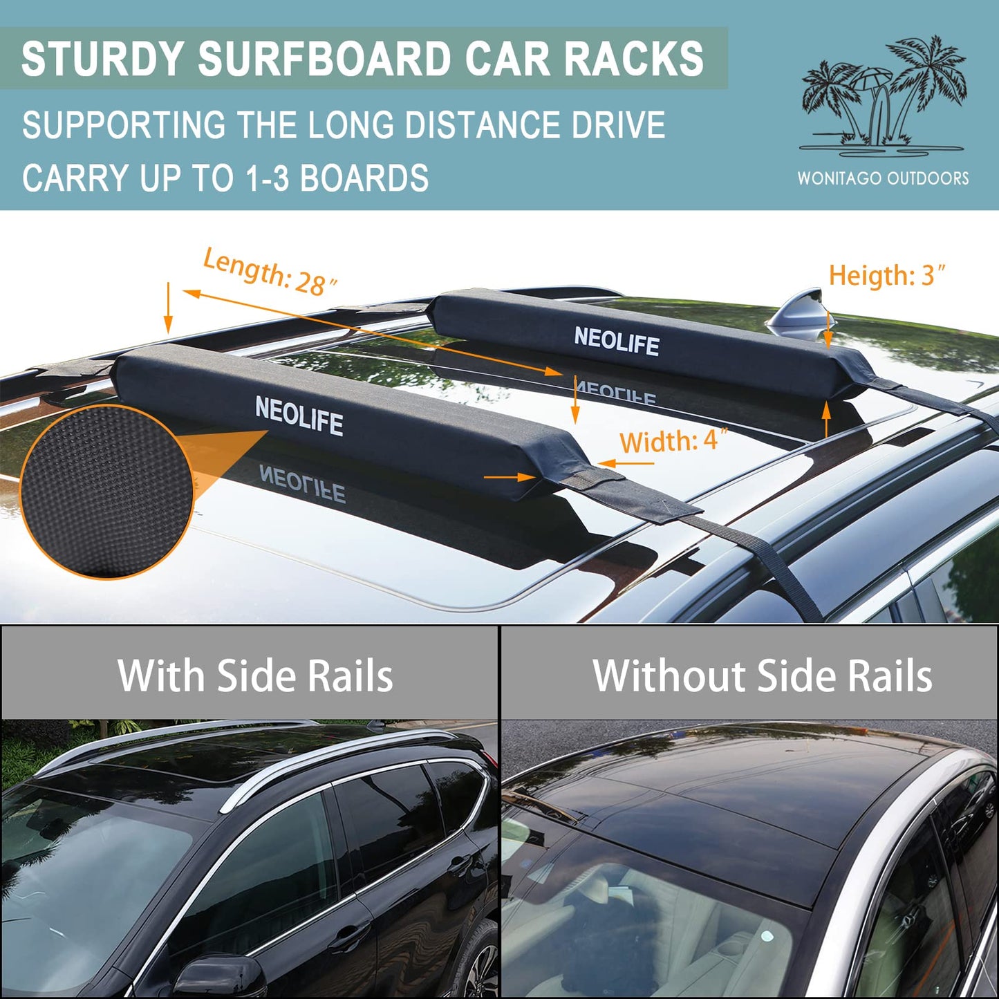 WONITAGO Soft Roof Rack Pads with Single Wrap-Rax Straps for Surfboard, SUP Paddleboard, Snowboard, 28 inch (Pair) Black