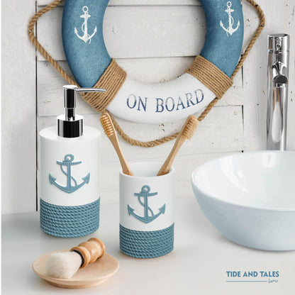 TideAndTales Luxury Nautical Bathroom Accessories Set (4 Piece) Rope and Anchor Beach Bathroom Decor with Ocean and Sea Theme Design, Countertop Coastal Soap Dispenser Set