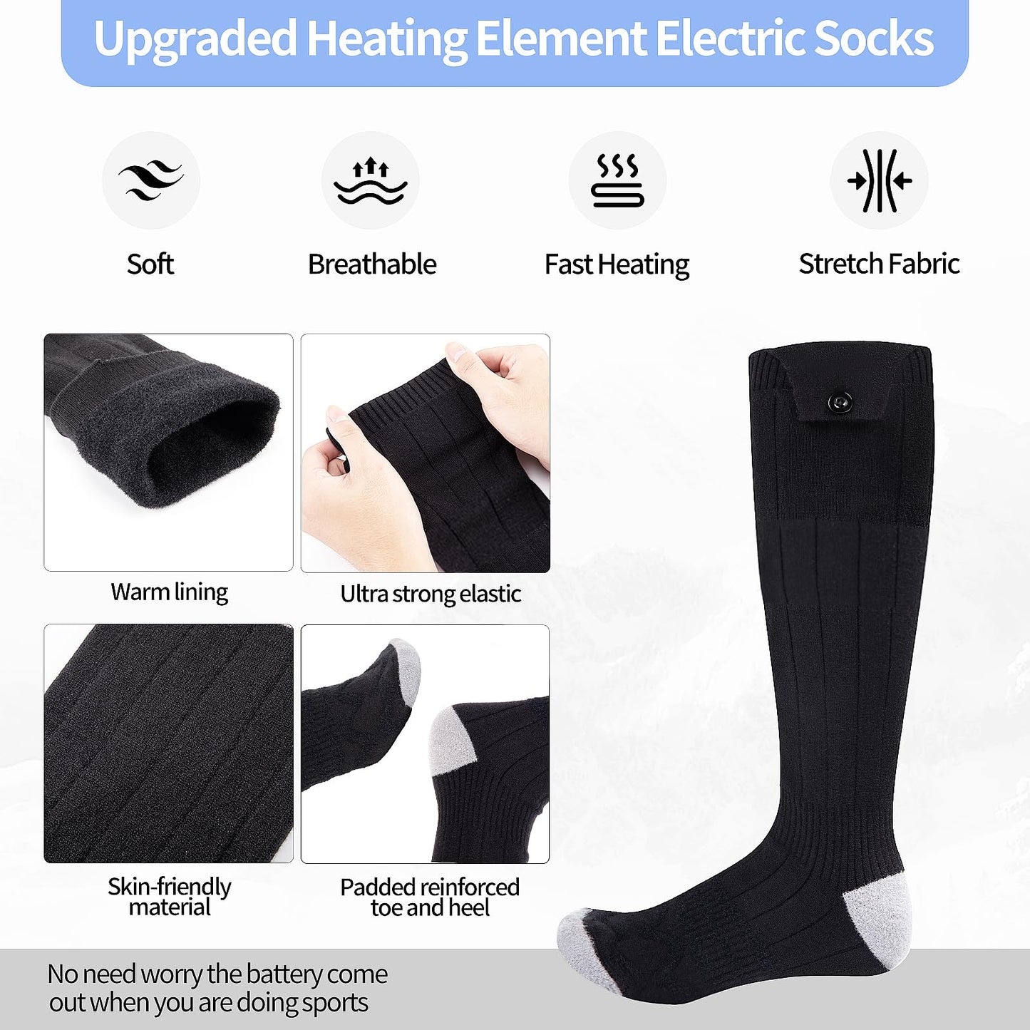 ZUOYI Heated Socks, Heated Socks for Men Women Rechargeable Washable, 5000mAh Battery with 4 Heating Levels for Hunting, Camping, Walking, Fishing (Black & Gray, Unisex-Adult)